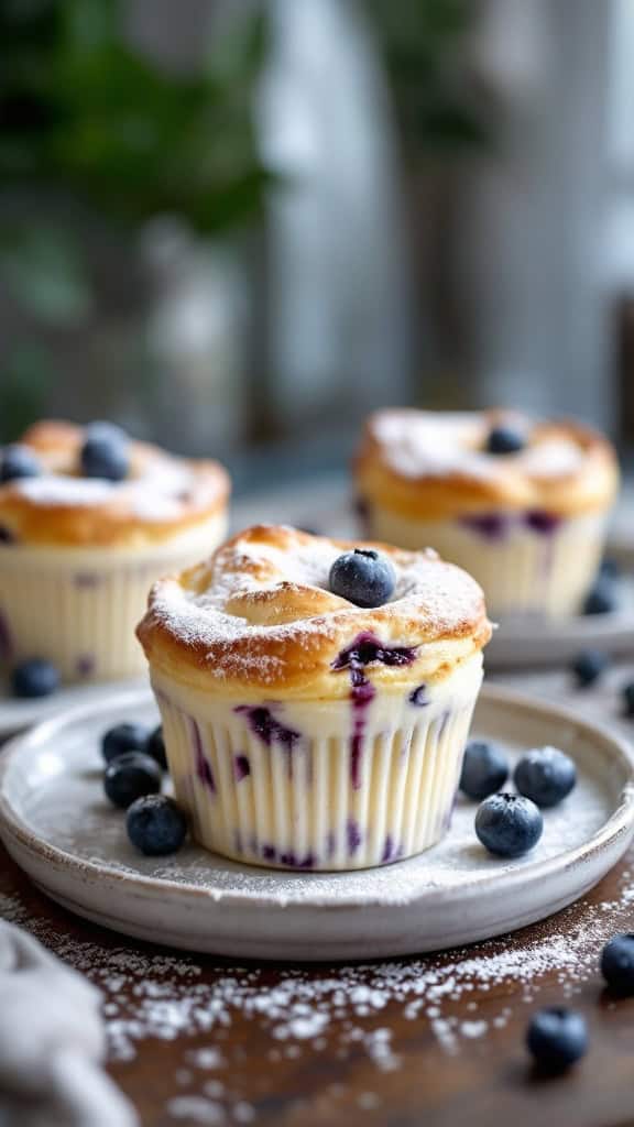 Delicious Blueberry Cottage Cheese Soufflé Cups topped with powdered sugar and blueberries