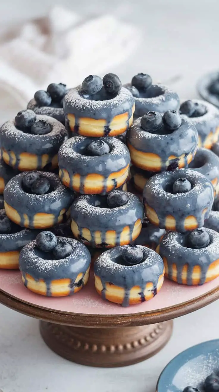 A stack of blueberry glazed mini donuts topped with fresh blueberries and dusted with powdered sugar.