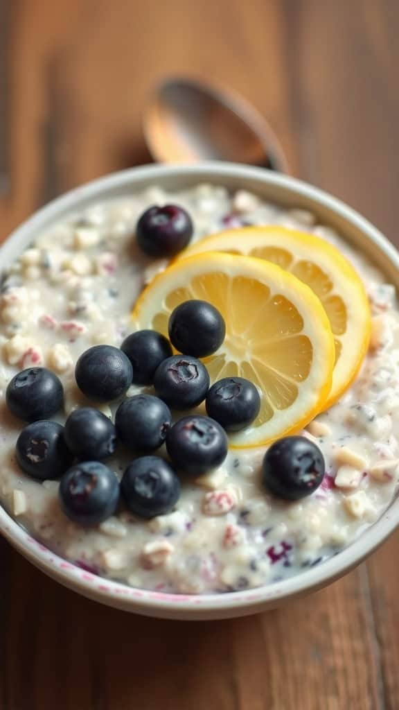 A bowl of blueberry lemon cottage cheese overnight oats topped with fresh blueberries and lemon slices.