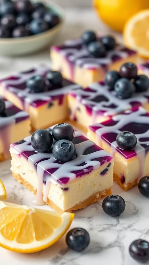 Delicious blueberry lemon jello cheesecake bars topped with fresh blueberries and a drizzle of cream, alongside lemon slices on a marble surface.