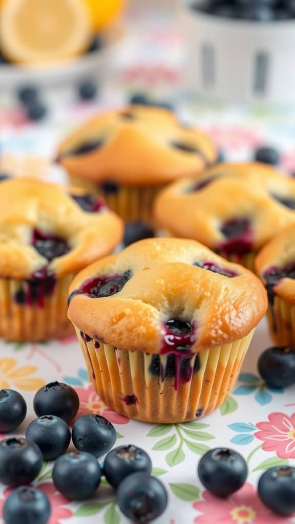 Freshly baked blueberry lemon muffin cups on a floral tablecloth