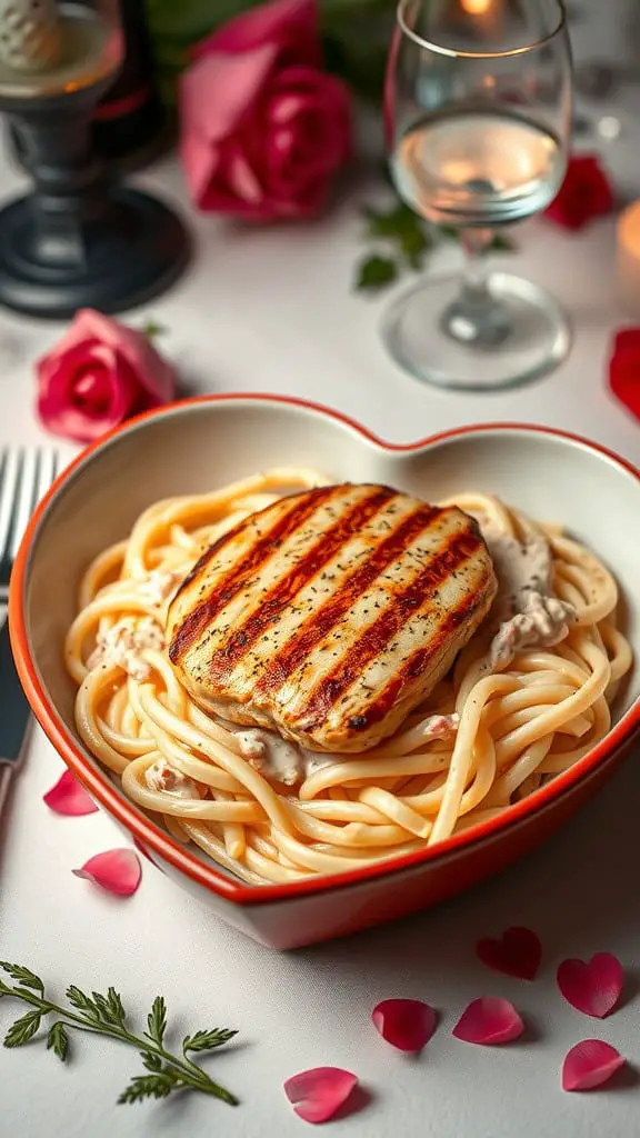 A heart-shaped bowl filled with creamy Alfredo pasta topped with grilled chicken, surrounded by roses and candlelight.