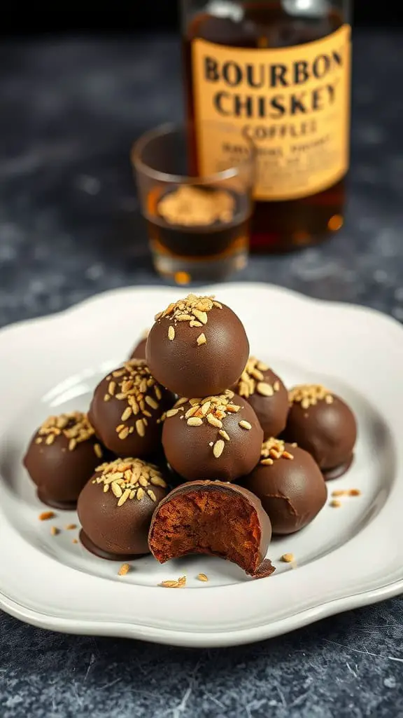 A plate of bourbon coffee truffles with a bite taken out of one and a bottle of bourbon in the background.