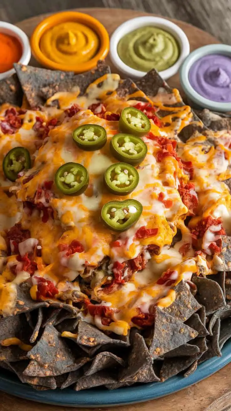 A colorful platter of blue corn nachos topped with cheese, diced tomatoes, and jalapeños, with various dips in the background.