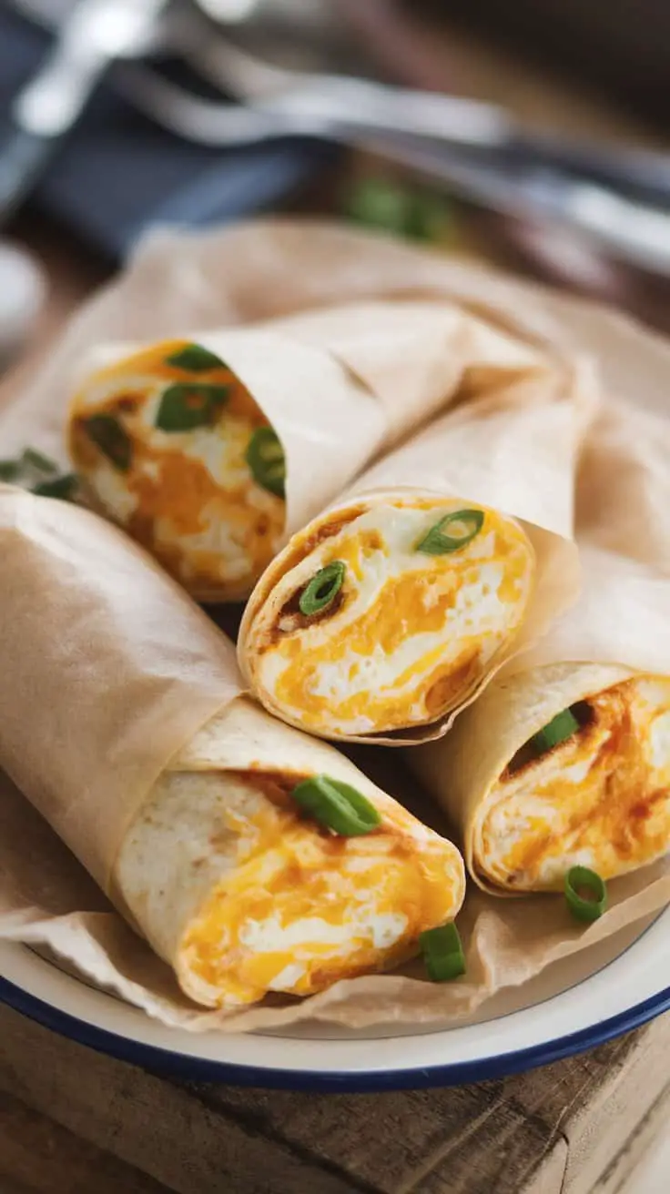 Three breakfast burrito egg wraps wrapped in paper, showing a colorful filling with green onions on top.