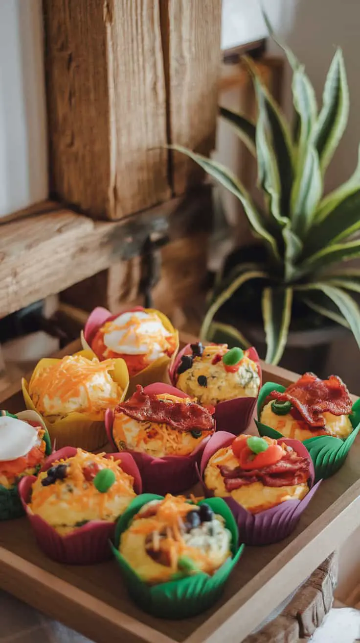 Colorful breakfast egg muffins topped with cheese, bacon, and veggies arranged on a wooden tray.