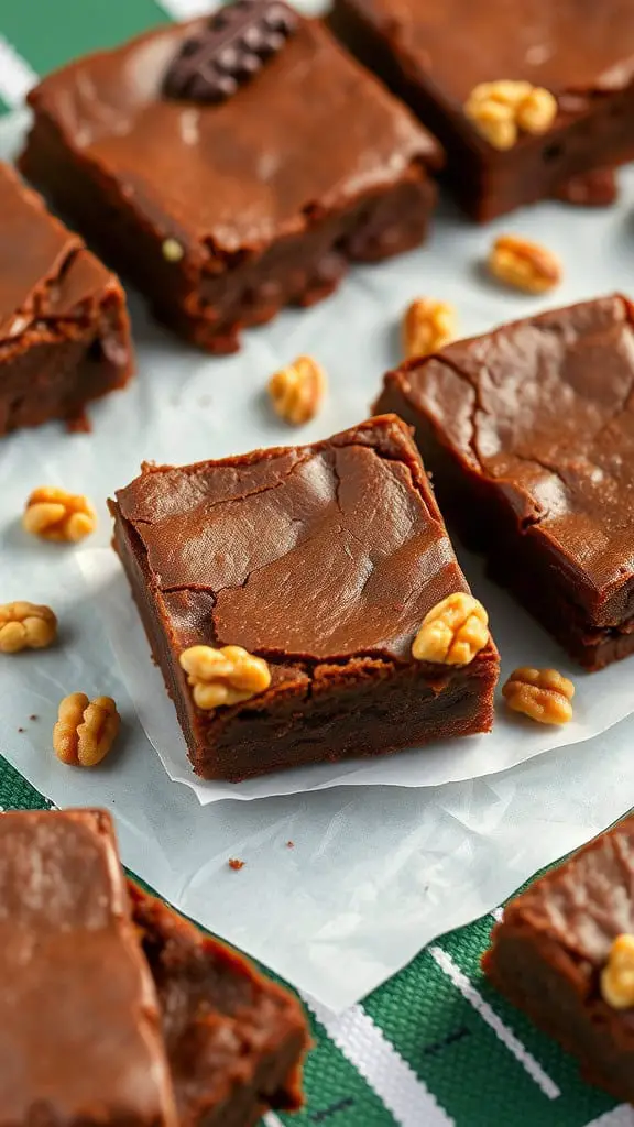 Rich and fudgy walnut brownies on a white surface, topped with chocolate glaze and walnuts.