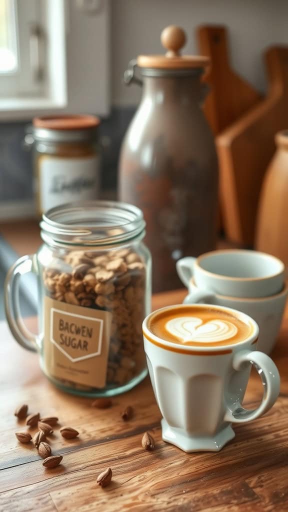 A cozy coffee setup featuring a cup of latte art, a jar of brown sugar, and light wooden surroundings.