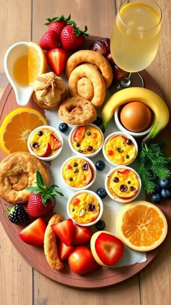 A colorful brunch bites board featuring fruits, pastries, and mini quiches.