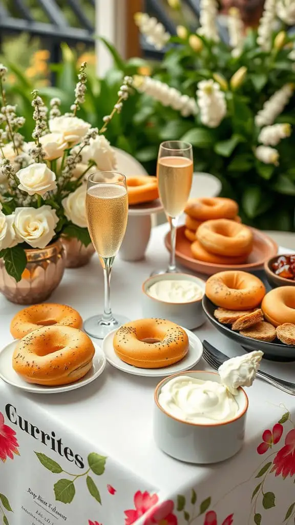 A brunch table featuring bagels, mimosas, and decorative flowers.