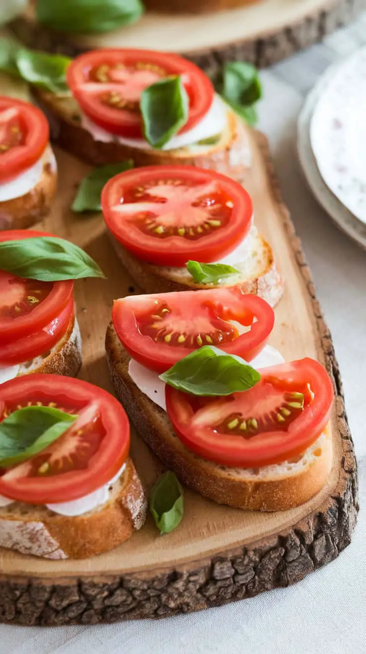 Bruschetta with slices of tomato and basil on toasted bread