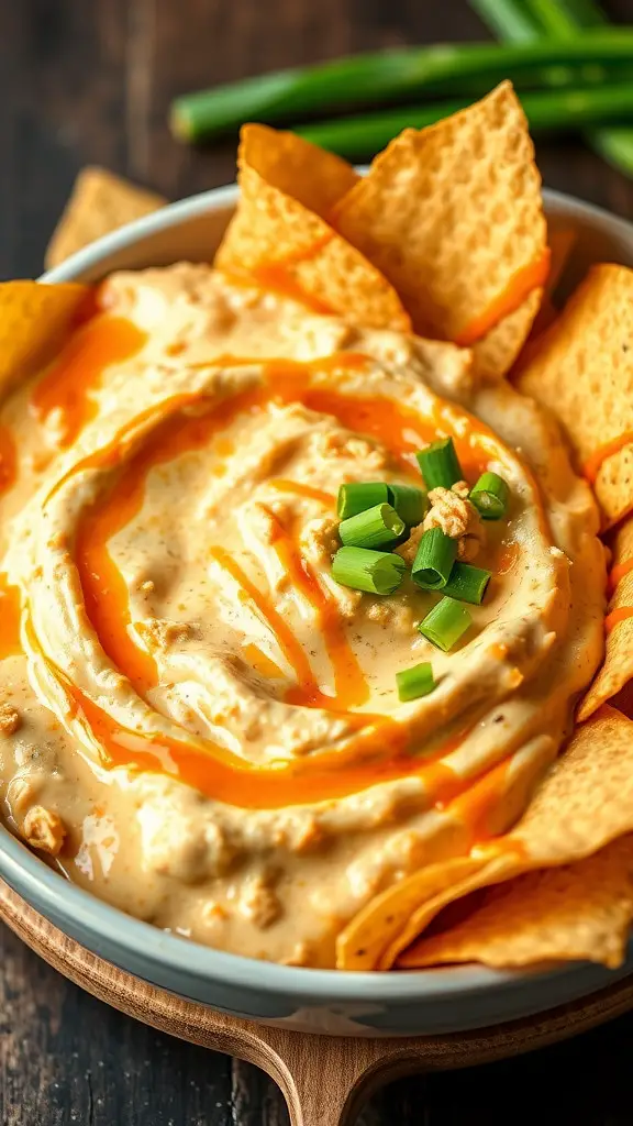 A bowl of creamy Buffalo Chicken Crack Dip surrounded by tortilla chips, topped with hot sauce and green onions.