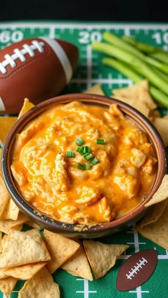 A delicious bowl of Buffalo Chicken Dip surrounded by tortilla chips and a football, perfect for game day.