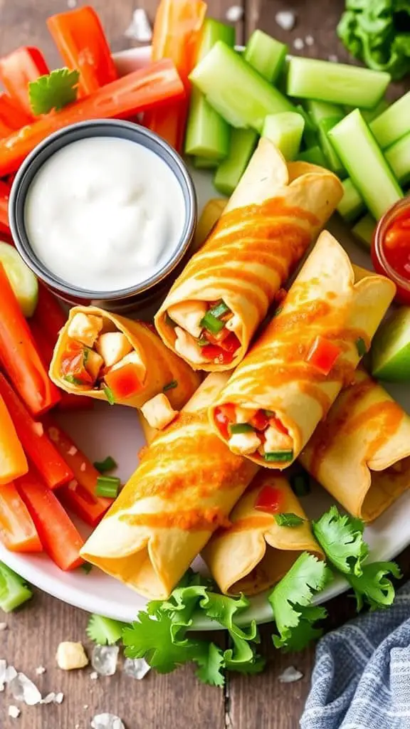 Buffalo Ranch Chicken Taquitos with fresh vegetables and dip