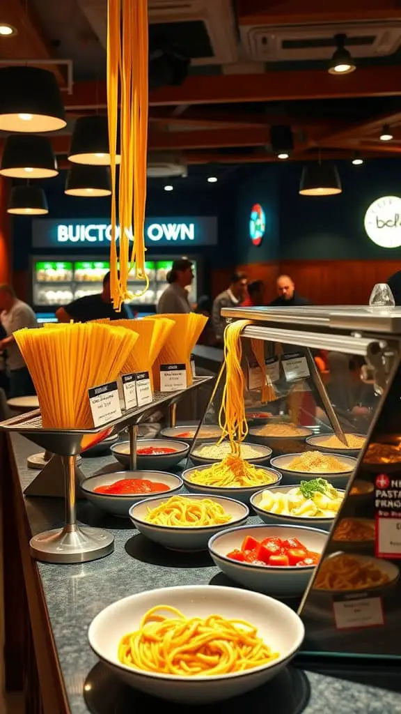 A vibrant pasta bar setup with hanging spaghetti and bowls of toppings.