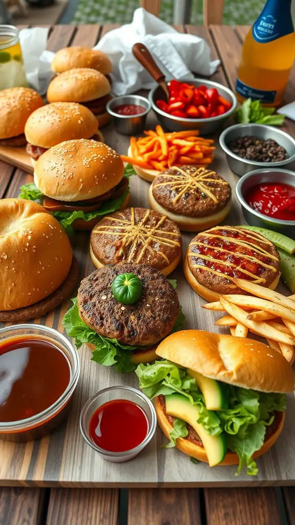 A variety of burgers and toppings displayed on a table, showcasing a burger bar setup.