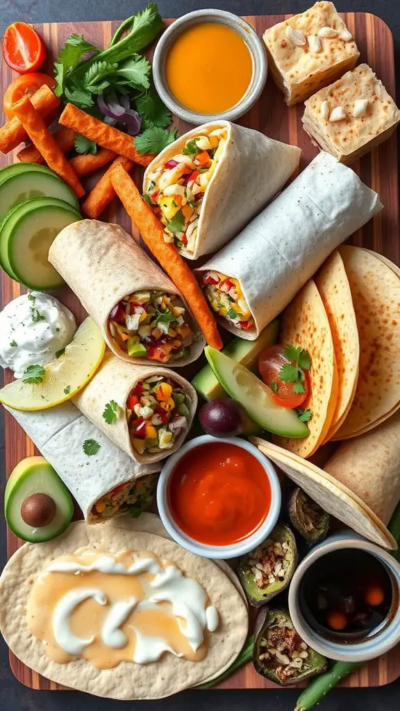 A colorful Burrito & Taco Fusion Board featuring burritos, tacos, fresh vegetables, and sauces.