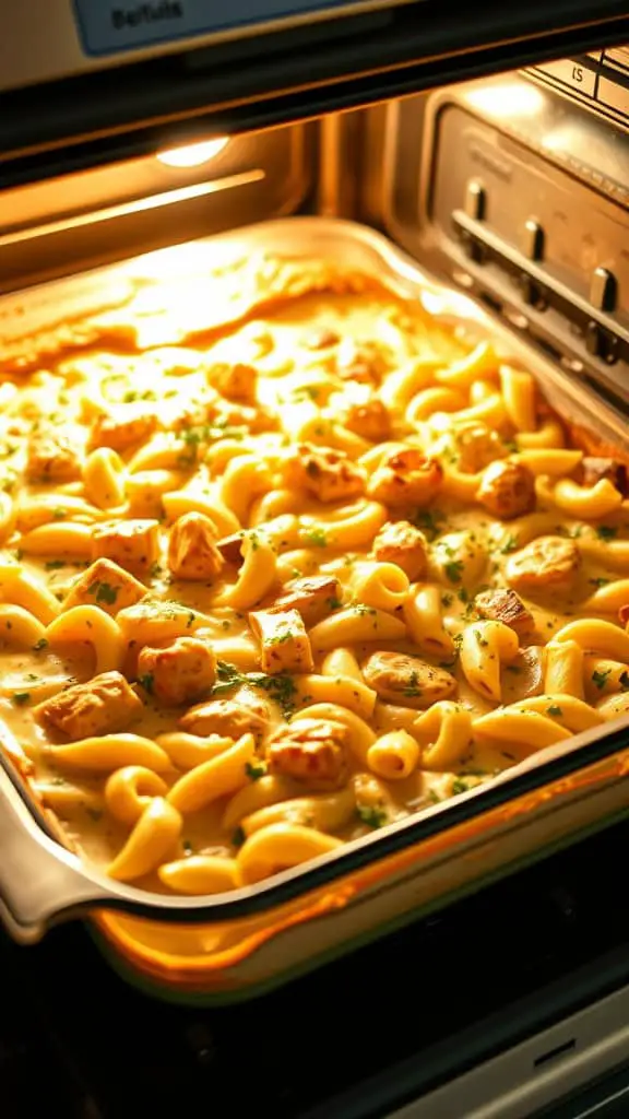 Cajun Chicken Alfredo Pasta Bake in the oven