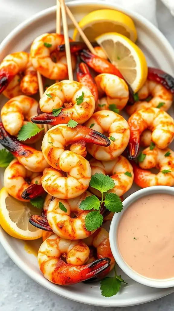 A platter of Cajun shrimp skewers with lemon wedges and a dipping sauce, garnished with parsley.
