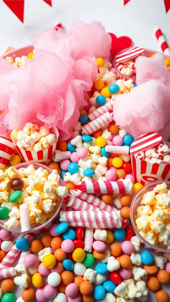 A colorful candy carnival snack board filled with popcorn, assorted candies, and cotton candy.