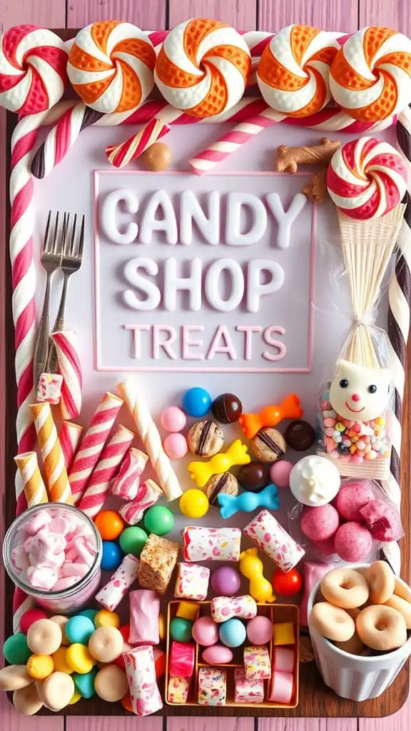 Colorful Candy Shop Treats Board filled with various candies and sweets.