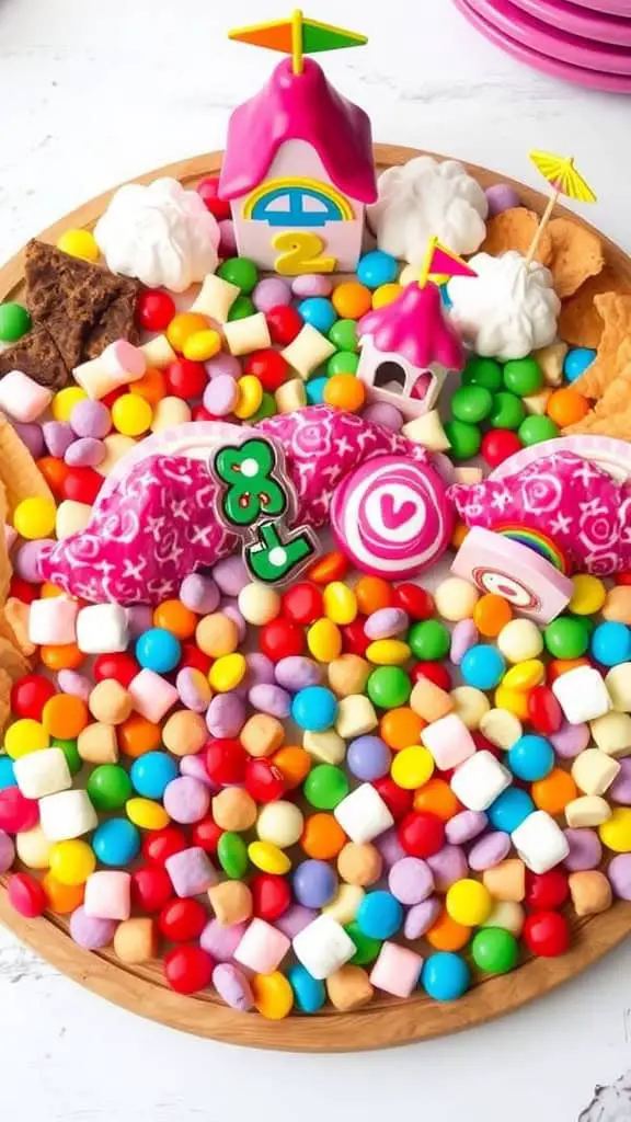 A colorful candy charcuterie board with various types of candy and cute decorations.