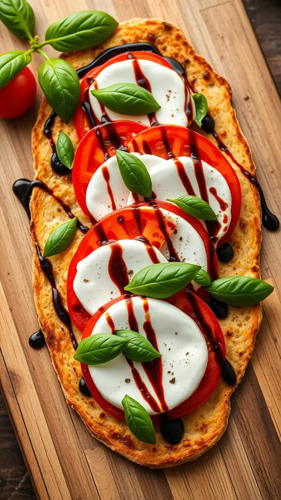 A delicious Caprese flatbread topped with mozzarella, tomatoes, and basil, drizzled with balsamic glaze, on a wooden cutting board.