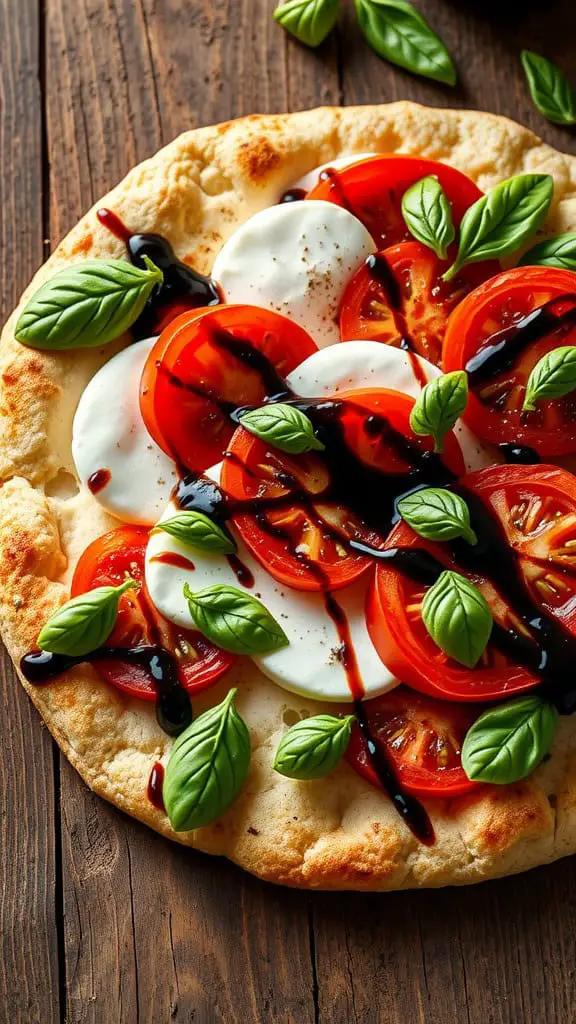 Caprese pita with fresh basil, mozzarella, and tomatoes on a wooden surface.