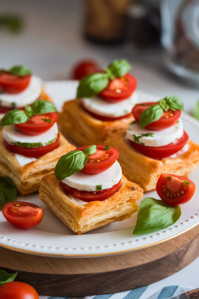 Delicious Caprese Puff Pastry Bites topped with fresh basil and cherry tomatoes