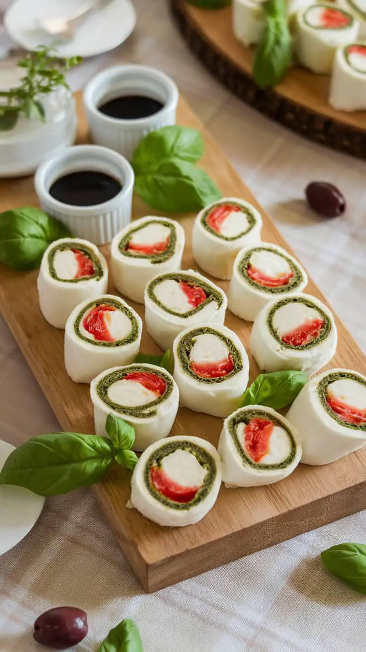 A platter of Caprese salad roll-up appetizers with spinach, mozzarella, and tomatoes.