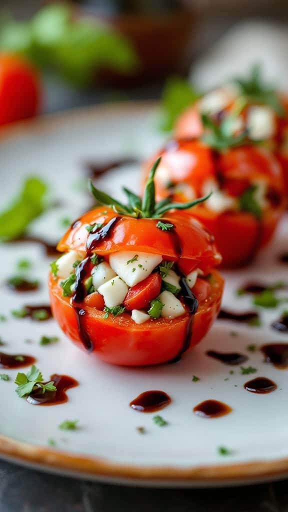 Cherry tomatoes stuffed with mozzarella, basil, and balsamic glaze on a plate.