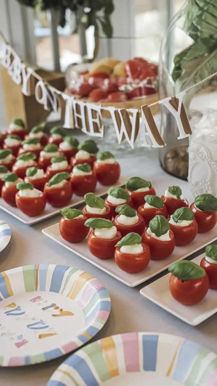 A table with Caprese salad stuffed cherry tomatoes, decorated with a banner that says 'Baby on the Way.'