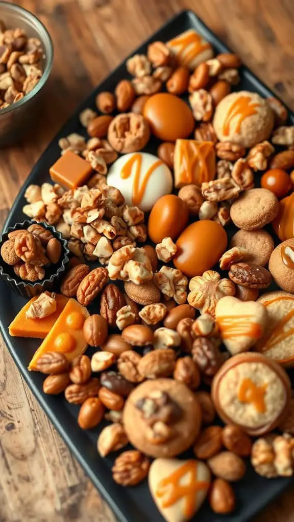 A beautifully arranged Caramel & Crunch Indulgence Tray with a variety of caramel treats, nuts, and sweets.