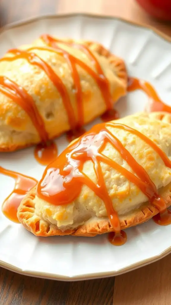 Delicious caramel apple turnovers drizzled with caramel sauce on a plate.