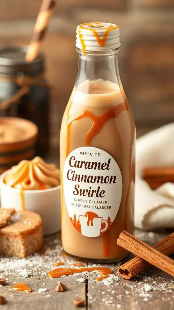 Bottle of Caramel Cinnamon Swirl Coffee Creamer with caramel drizzle and cinnamon sticks.