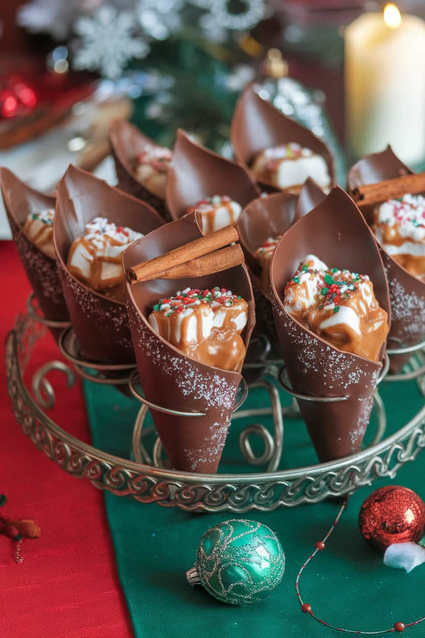 Chocolate cones filled with caramel and marshmallows, topped with sprinkles and cinnamon sticks, displayed on a decorative stand.