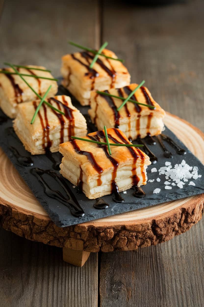 Caramelized onion and brie puff pastry squares topped with chives on a slate plate