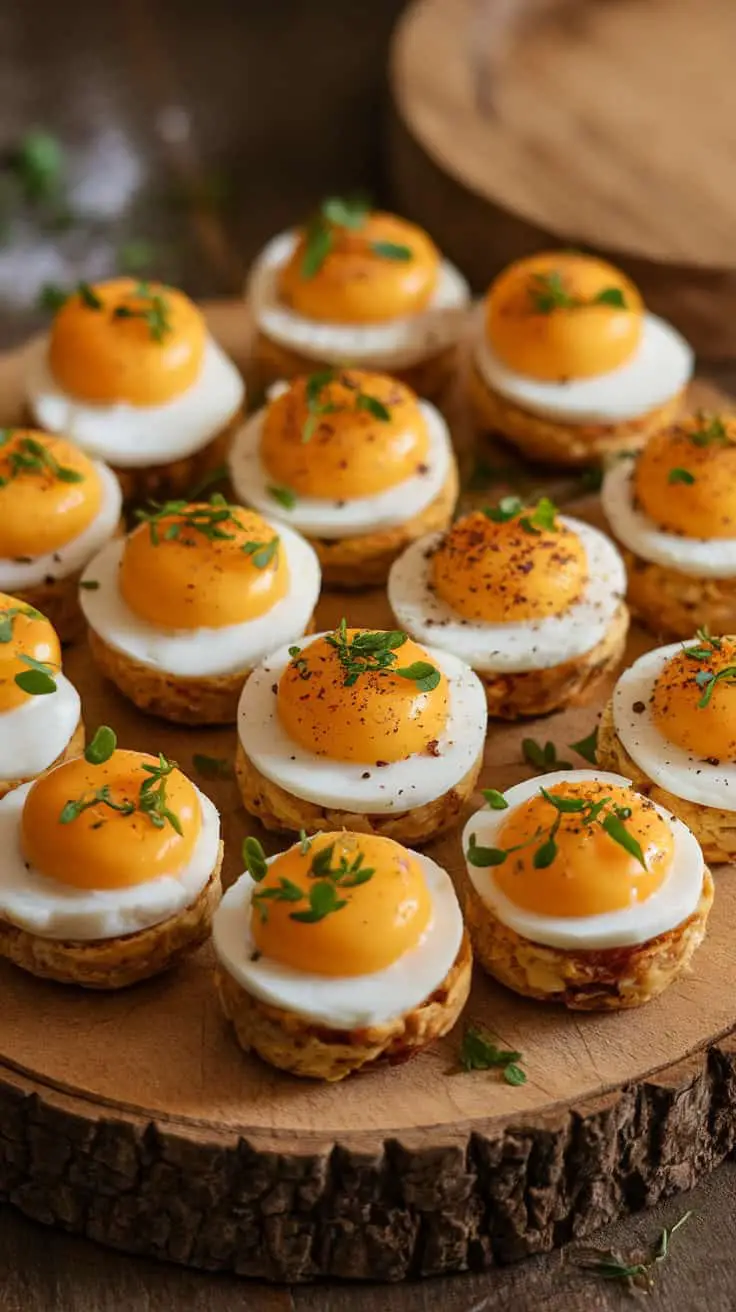 Delicious caramelized onion and ricotta egg bites displayed on a wooden platter.