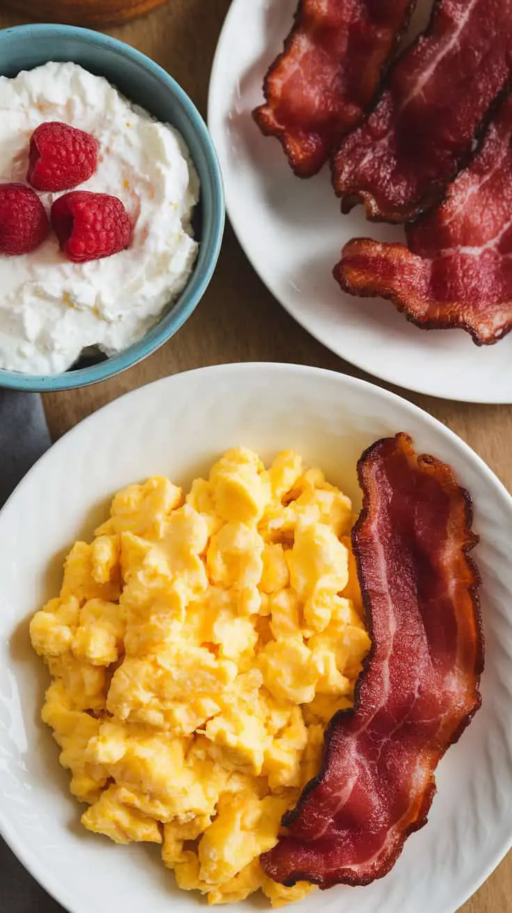 A delicious breakfast spread featuring scrambled eggs, crispy bacon, and cottage cheese topped with raspberries.