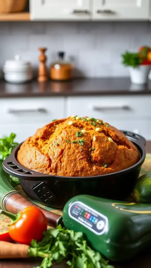 A freshly baked Carrot and Zucchini Dutch Oven Bread in a black pot, surrounded by vegetables.