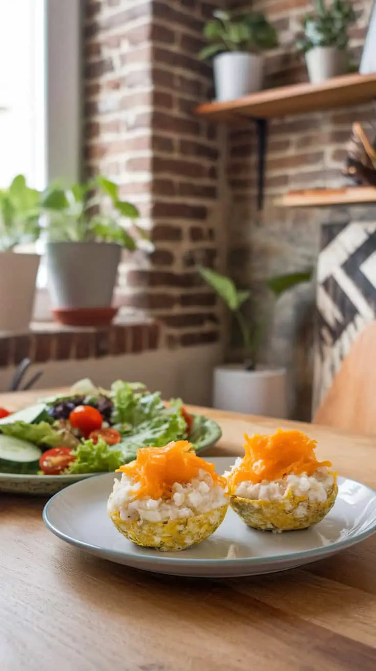 A plate of cauliflower rice and cheddar keto egg bites with a side salad.