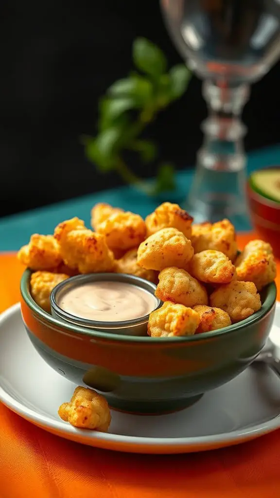 A bowl of crispy cauliflower tater tots with a creamy dipping sauce.