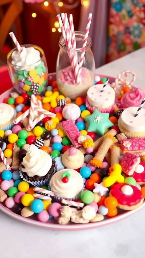 A colorful celebration sweets platter filled with various candies and treats.