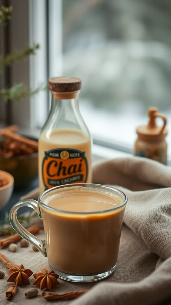 A cup of coffee with Chai Spiced Coffee Creamer, surrounded by spices and a bottle of creamer.