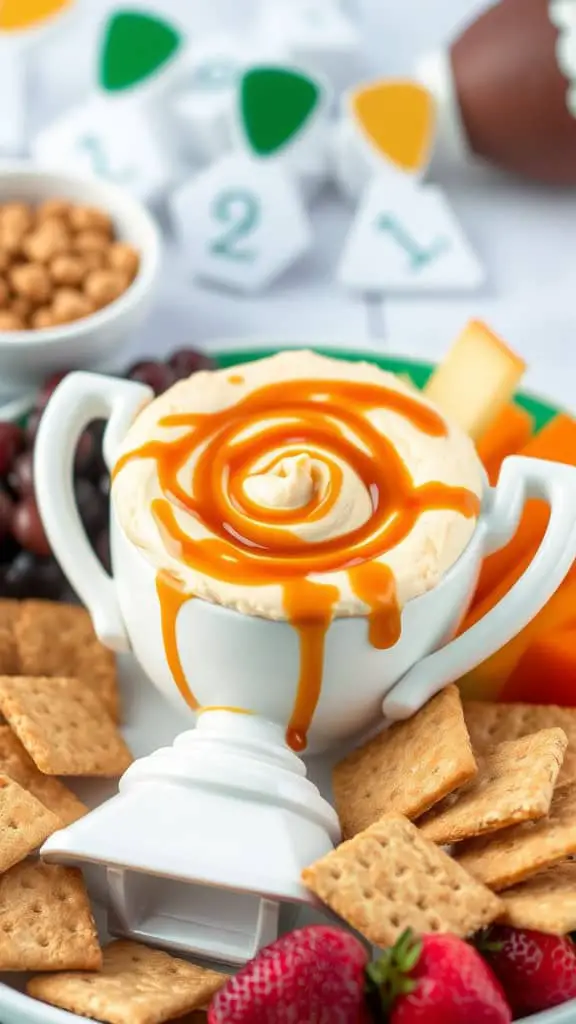 Championship Caramel Cheesecake Dip with caramel drizzle and surrounding snacks