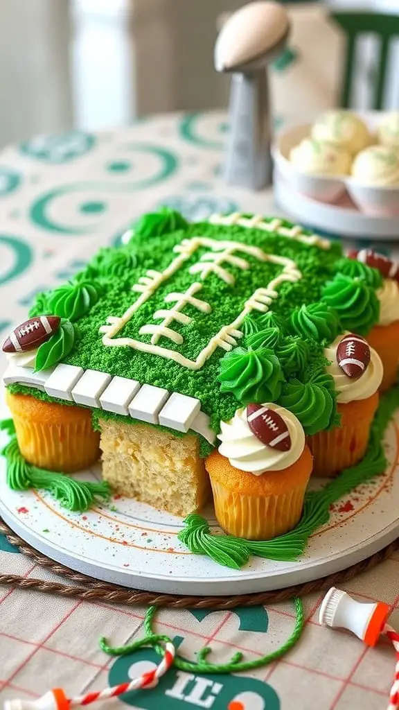 A football-themed pull-apart cake decorated in green frosting and chocolate footballs, cut into slices.