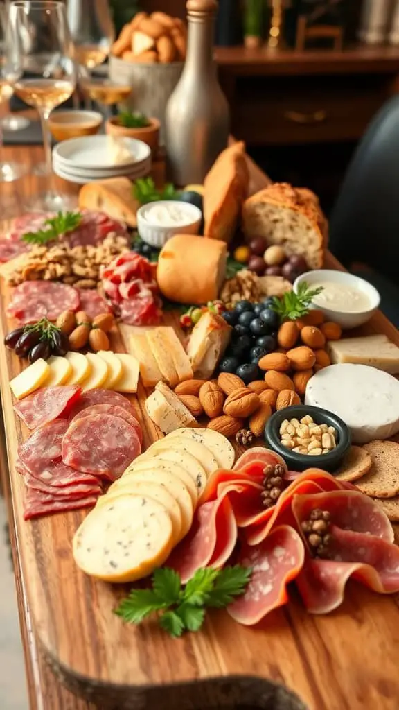 A beautifully arranged charcuterie and cheese bar featuring various meats, cheeses, nuts, and fruits.