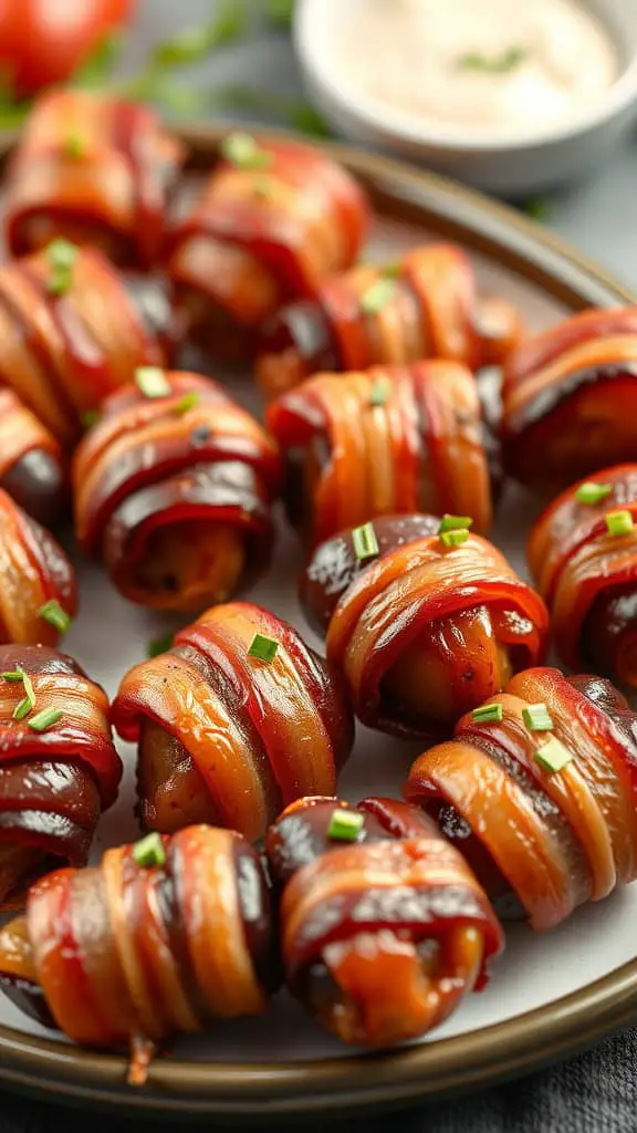 A plate of bacon-wrapped dates garnished with chives, served with a dipping sauce.