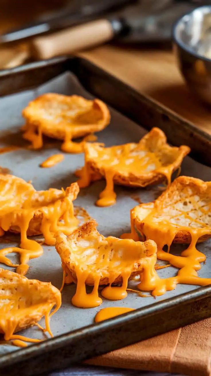 Baked cheddar-style cottage cheese chips with melted cheese on top