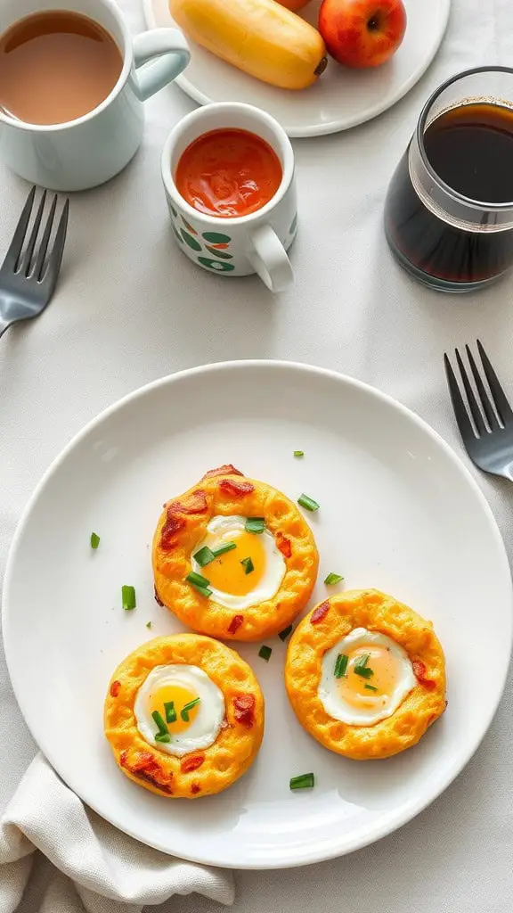 A plate of cheddar and ricotta breakfast egg bites with a cup of coffee and fruit on the side.